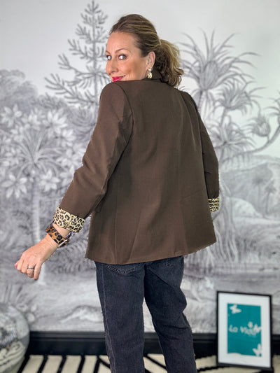 Lana Leopard Lined Open Blazer in Brown