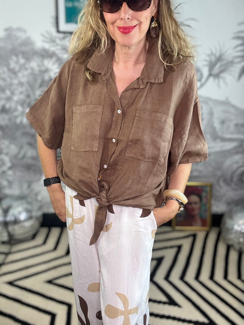 Melina Linen Short Sleeve Tie Shirt