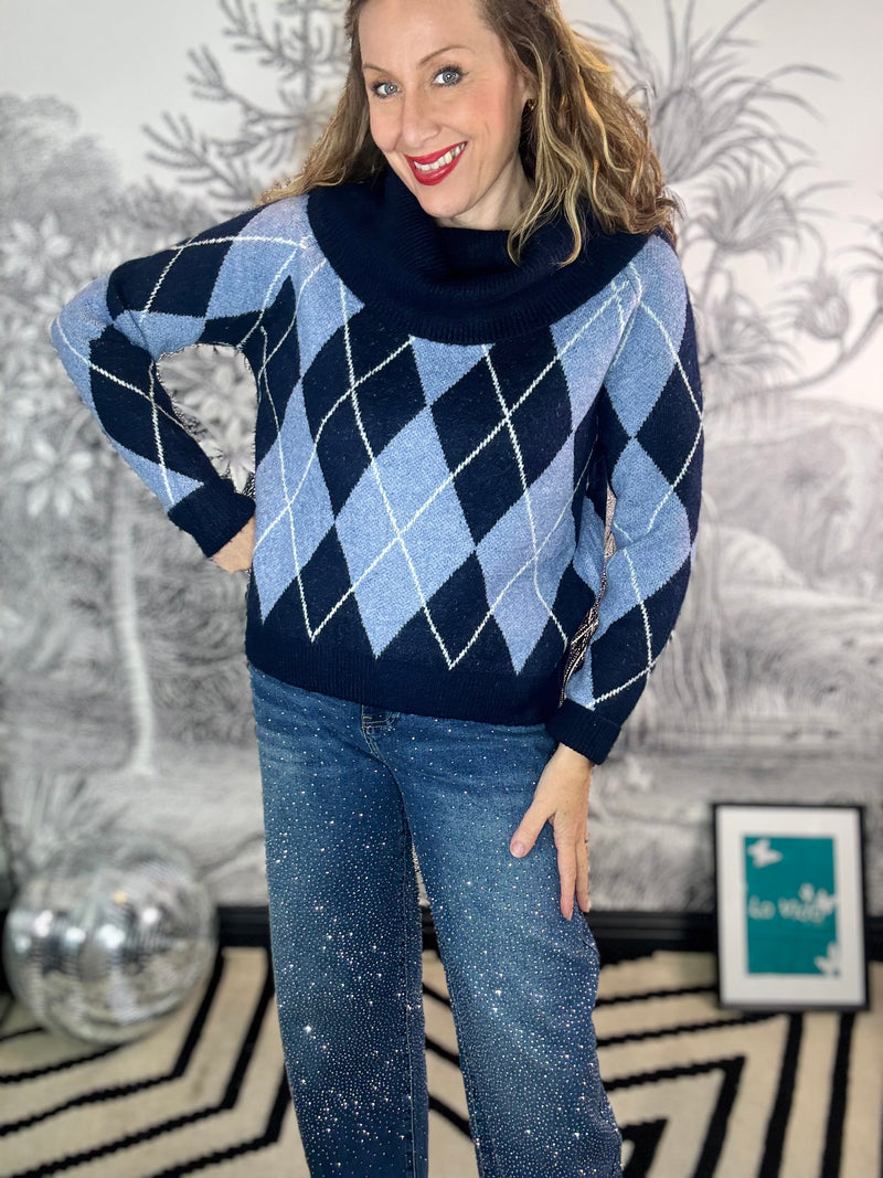 Effie Off Shoulder Argyle Knit Jumper