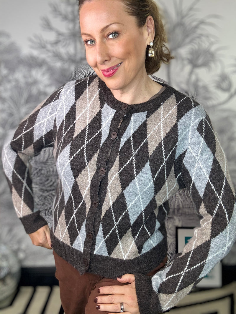 Arun Argyle Knit Cardigan in Grey Mix
