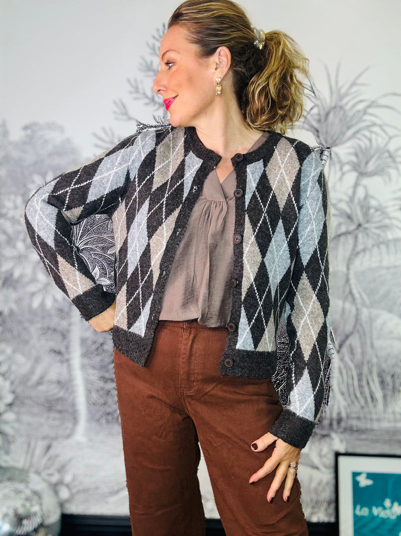 Arun Argyle Knit Cardigan in Grey Mix