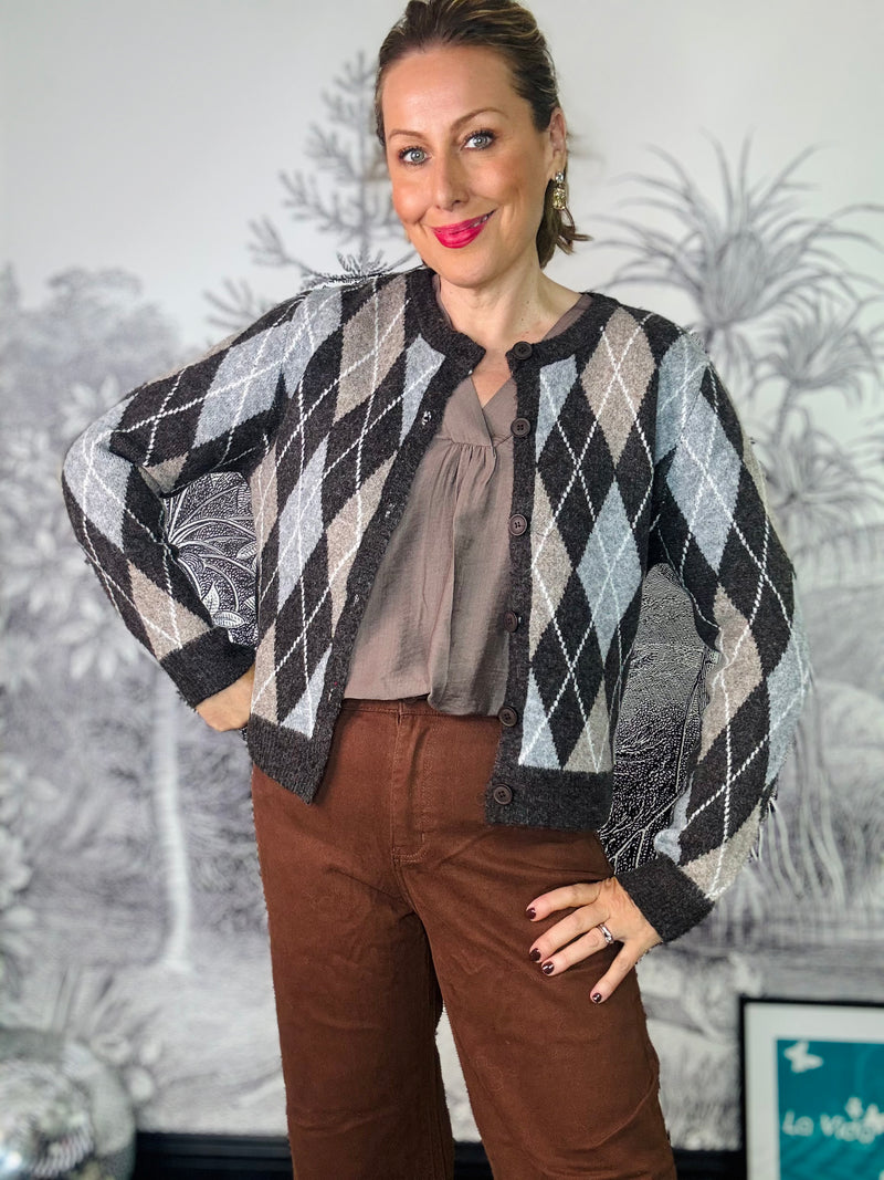 Arun Argyle Knit Cardigan in Grey Mix