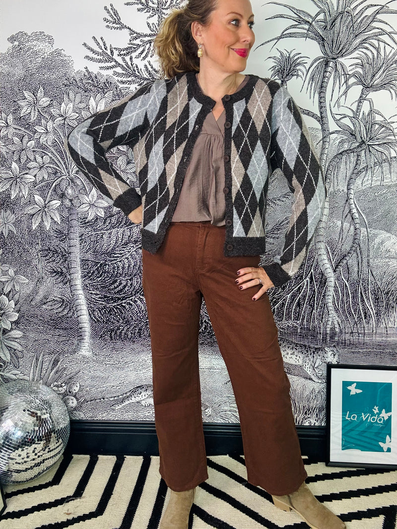 Arun Argyle Knit Cardigan in Grey Mix
