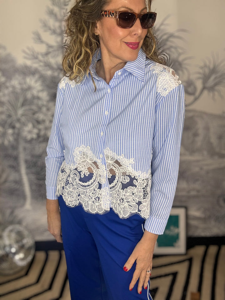 Francine Cotton shirt with lace inserts on Shoulder &amp; Hem