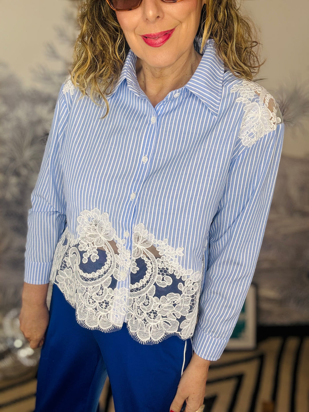 Francine Cotton shirt with lace inserts on Shoulder &amp; Hem