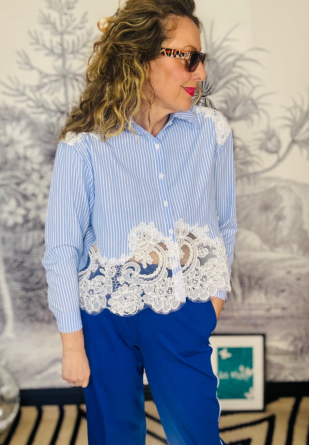 Francine Cotton shirt with lace inserts on Shoulder &amp; Hem