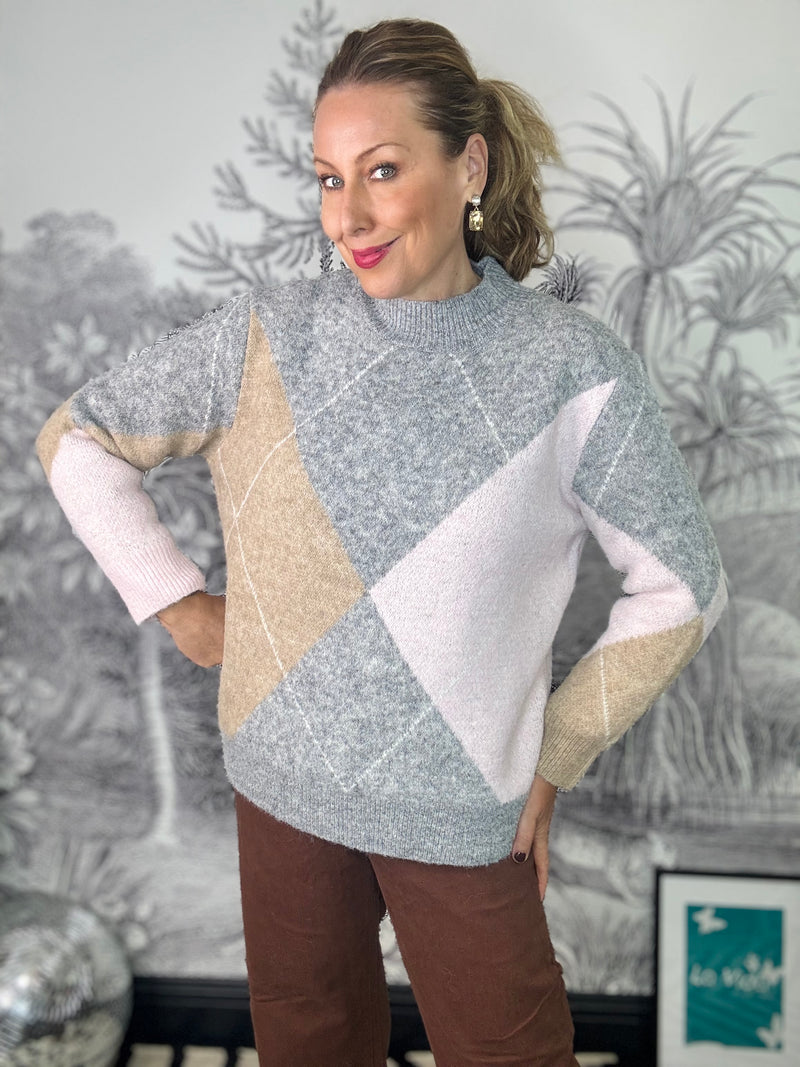 Alora Argyle Knit Jumper in Grey & Pink