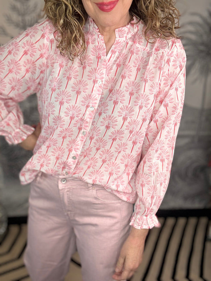 Olbia Long Sleeve Blouse Ruffle Trim Printed  PalmTree
