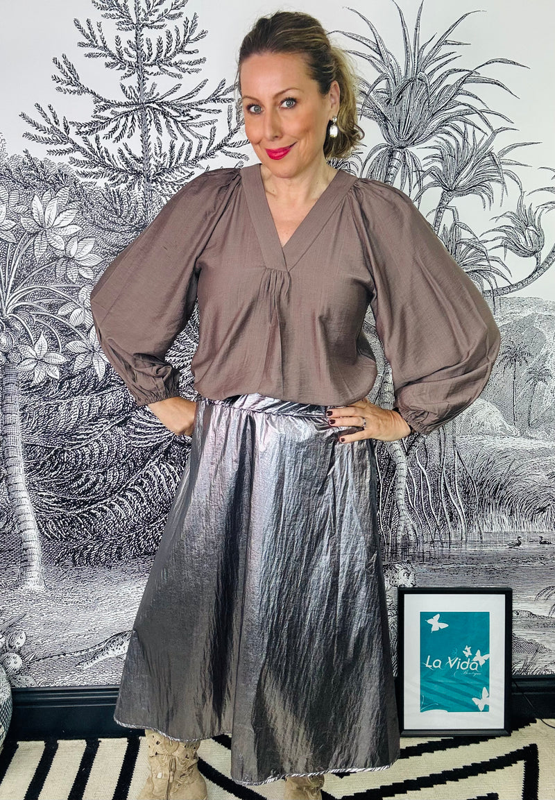 Paiton Metallic Midi Skirt in Gunmetal