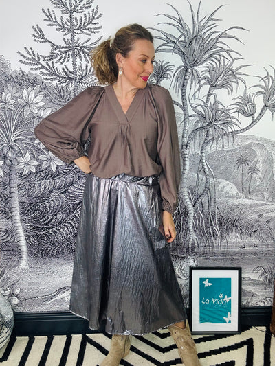 Paiton Metallic Midi Skirt in Gunmetal