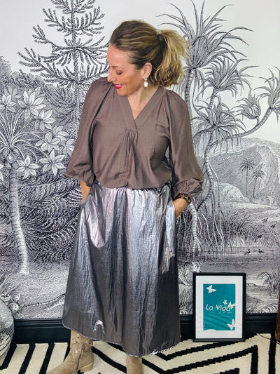 Paiton Metallic Midi Skirt in Gunmetal