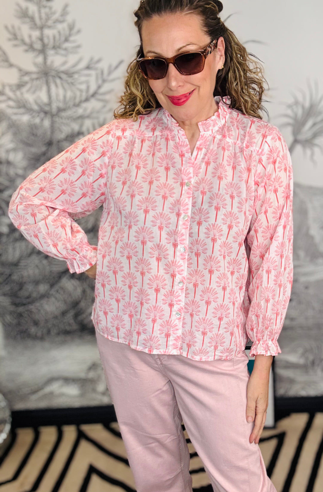 Olbia Long Sleeve Blouse Ruffle Trim Printed  PalmTree