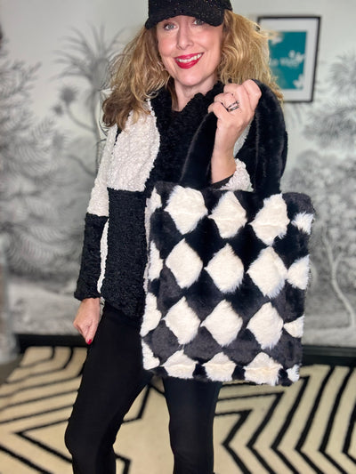 Orsa Faux Fur Woven Checkerboard Tote Bag