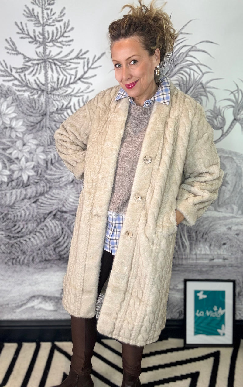 Cora Cable Knit Texture Faux Fur Long Coat