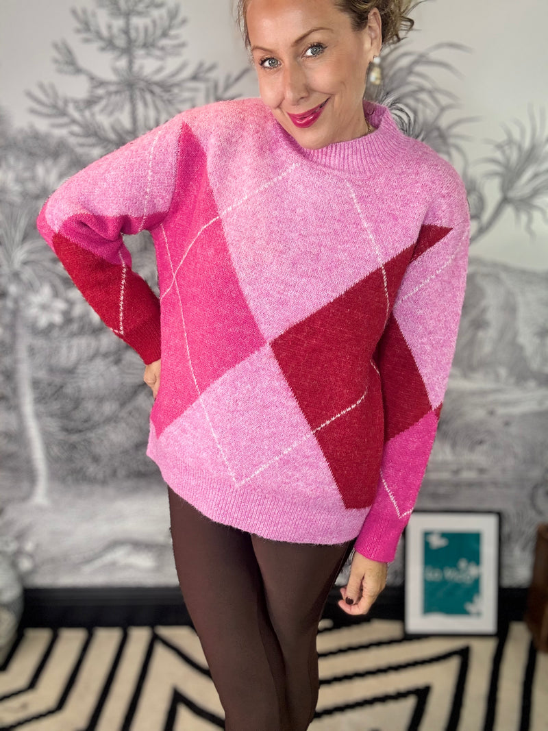 Alora Argyle Knit Jumper in Pink & Red