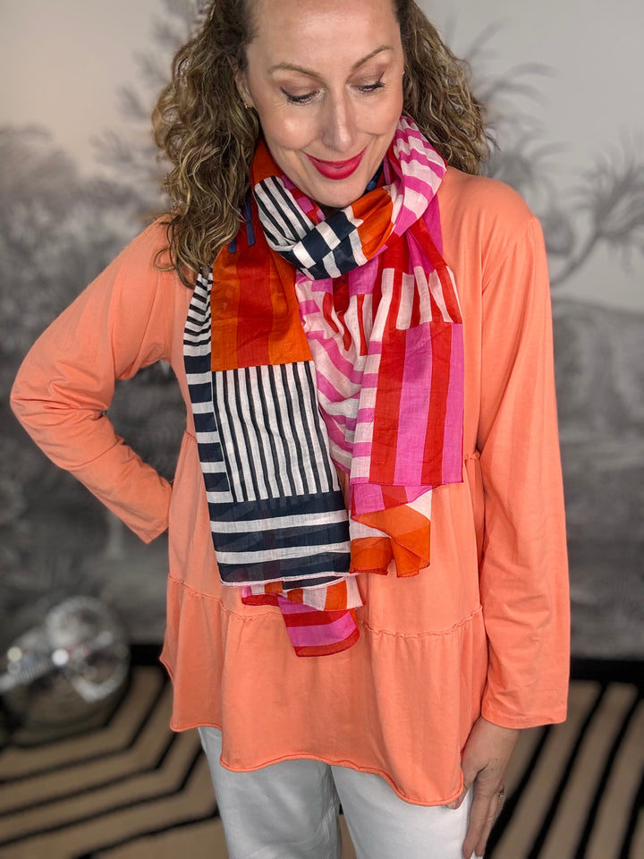 Block Stripe Lightweight Cotton Scarf in Pink: One-size