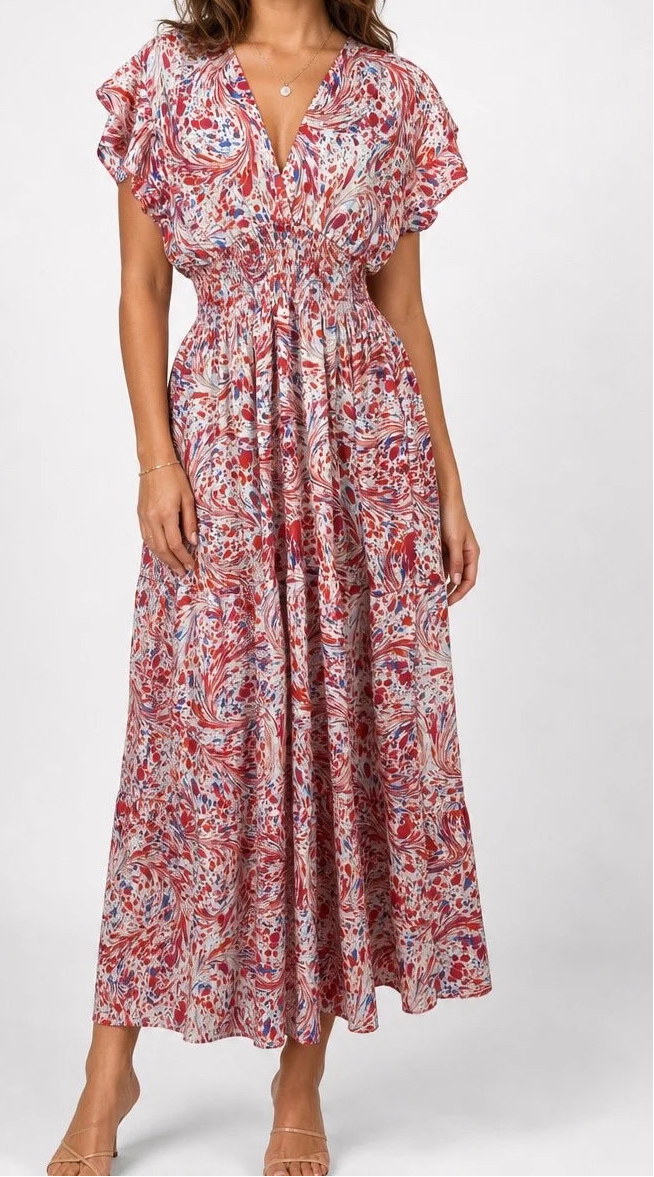Frigiliana Flutter Sleeve Cinched Waist Maxi Dress
