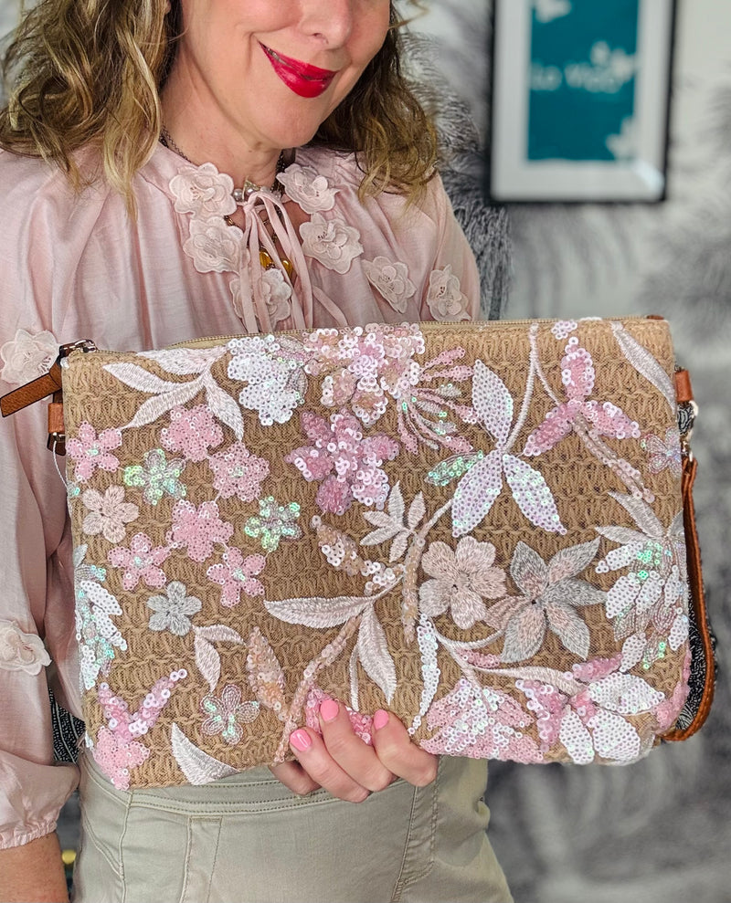Raffia Clutch Bag with Floral Appliqué