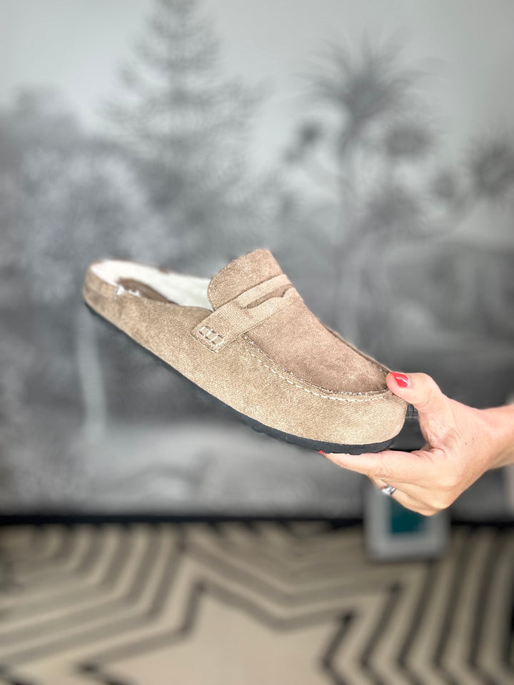 Faux Suede Fur Lined Mule Loafers in Camel Beige