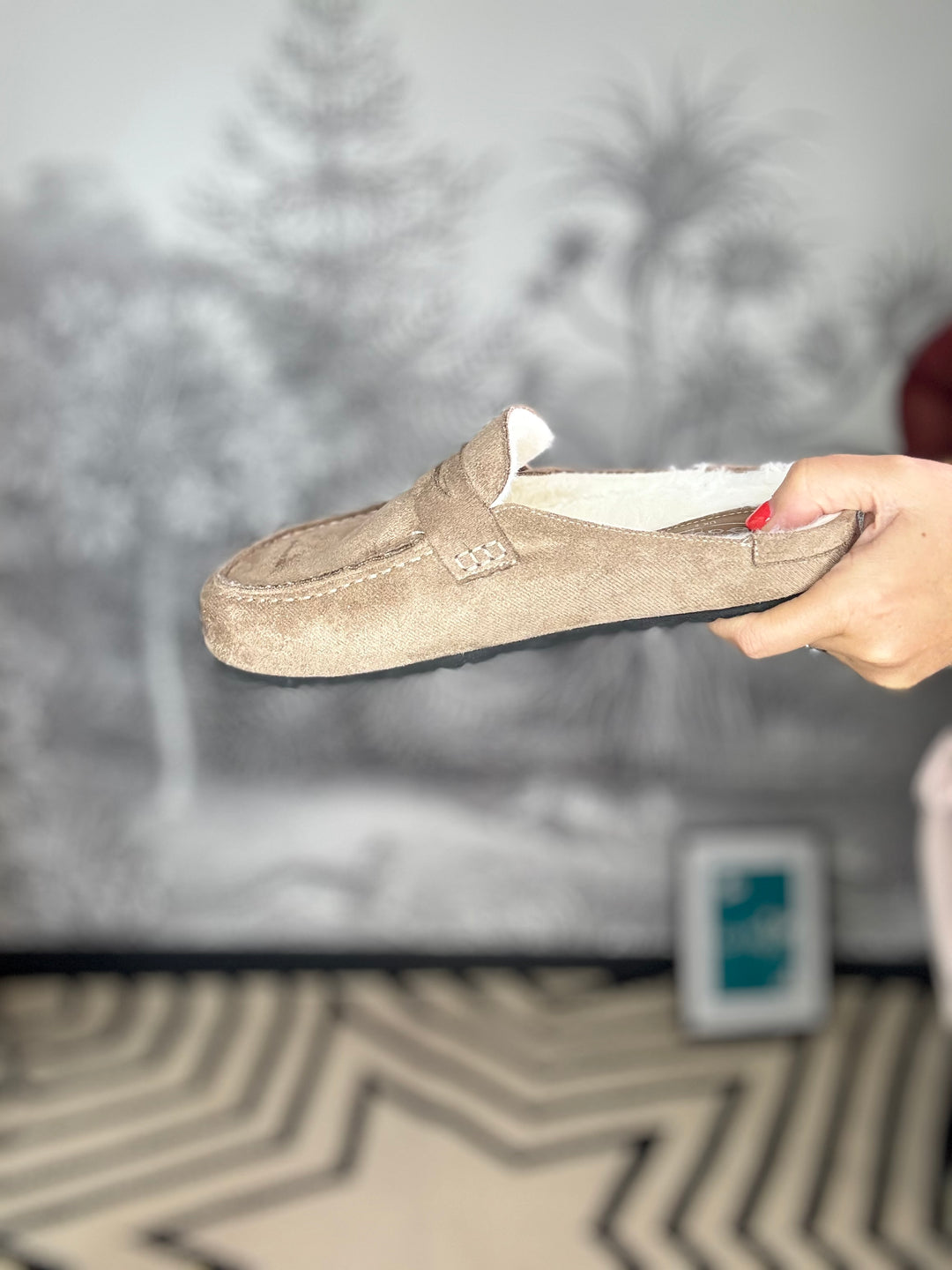 Faux Suede Fur Lined Mule Loafers in Camel Beige
