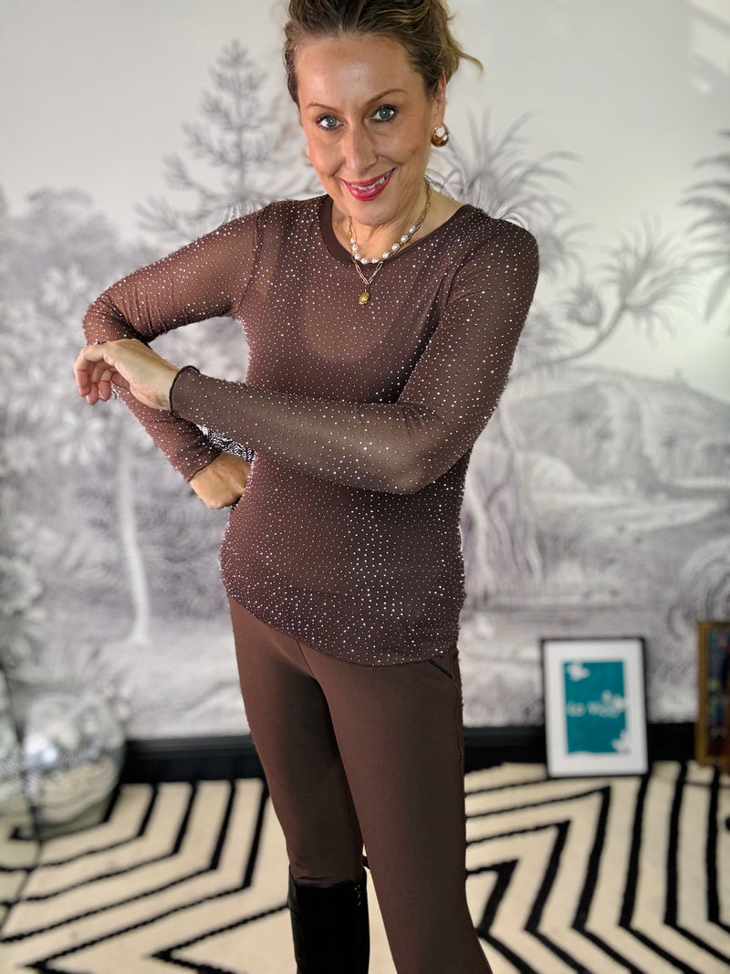 Alexis Sparkle Stone Mesh Top in Coffee Brown