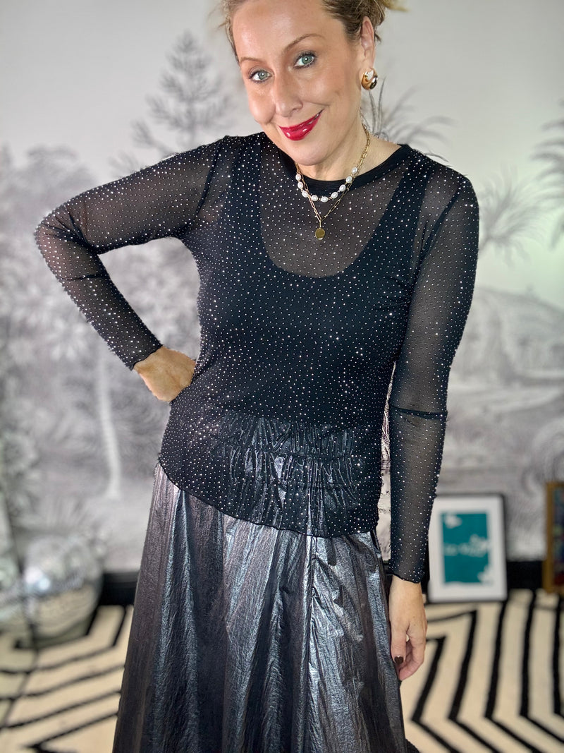 Alexis Sparkle Stone Mesh Top in Black
