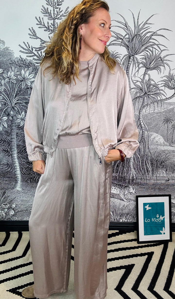 Tuscany Taupe Satin Bomber style Jacket