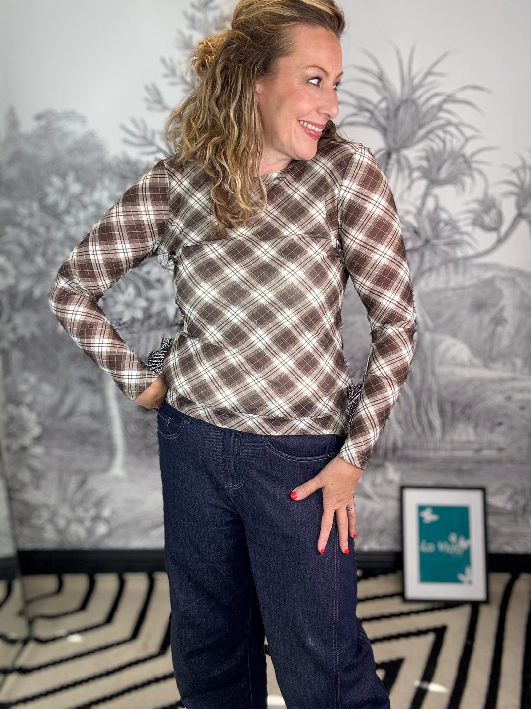 Amma mesh blouse in Brown Check