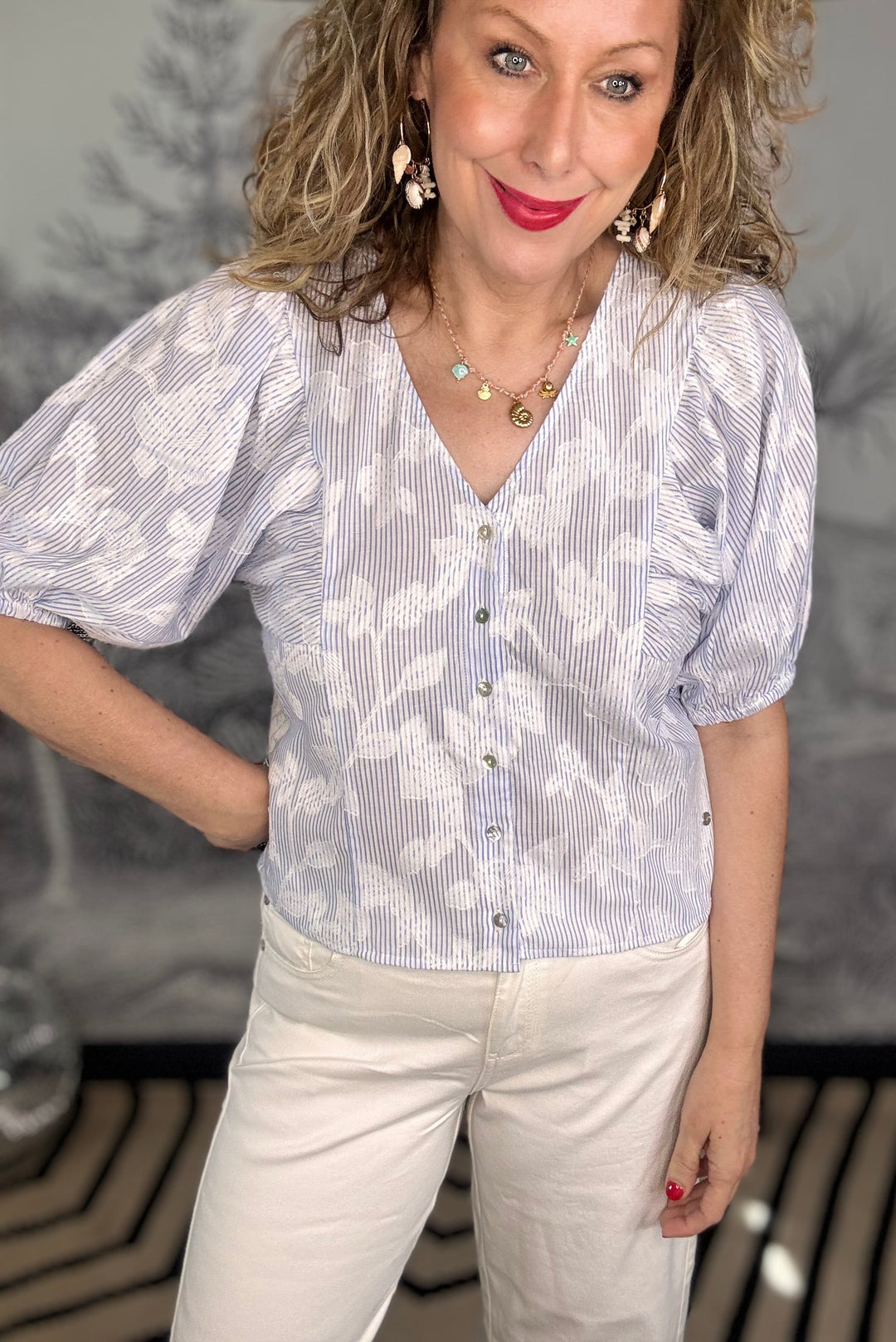 Blair Balloon Sleeve Blouse with Stripe &amp; Flower