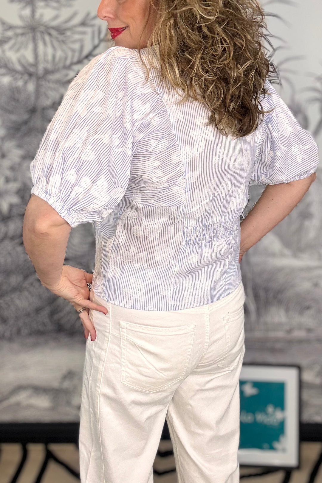 Blair Balloon Sleeve Blouse with Stripe &amp; Flower