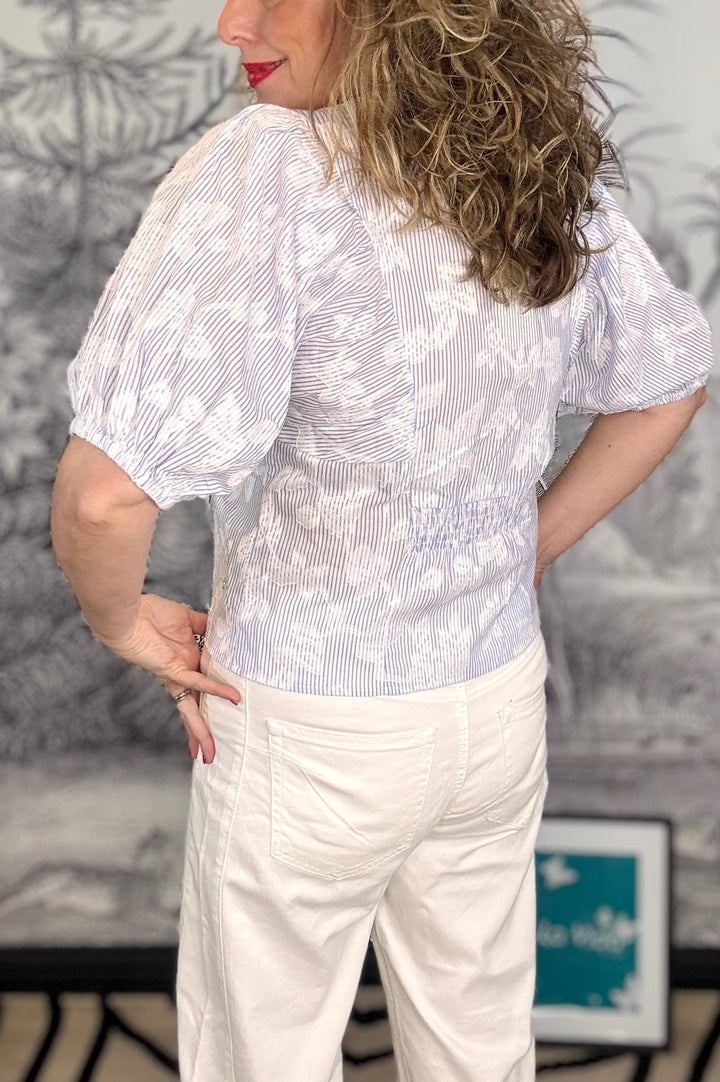 Blair Balloon Sleeve Blouse with Stripe &amp; Flower