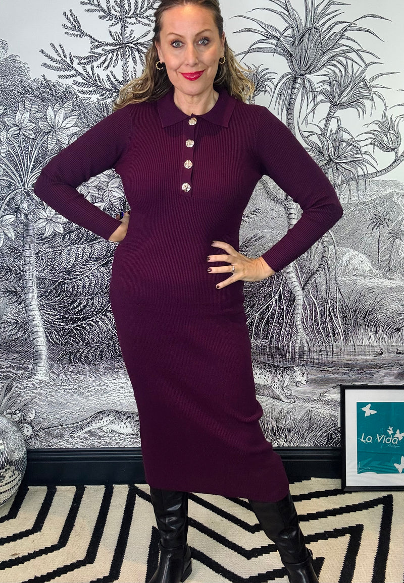 Nabolo Long Sleeve Knitted Dress in Plum