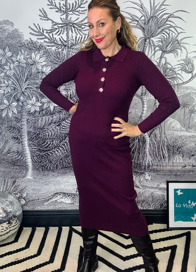 Nabolo Long Sleeve Knitted Dress in Plum