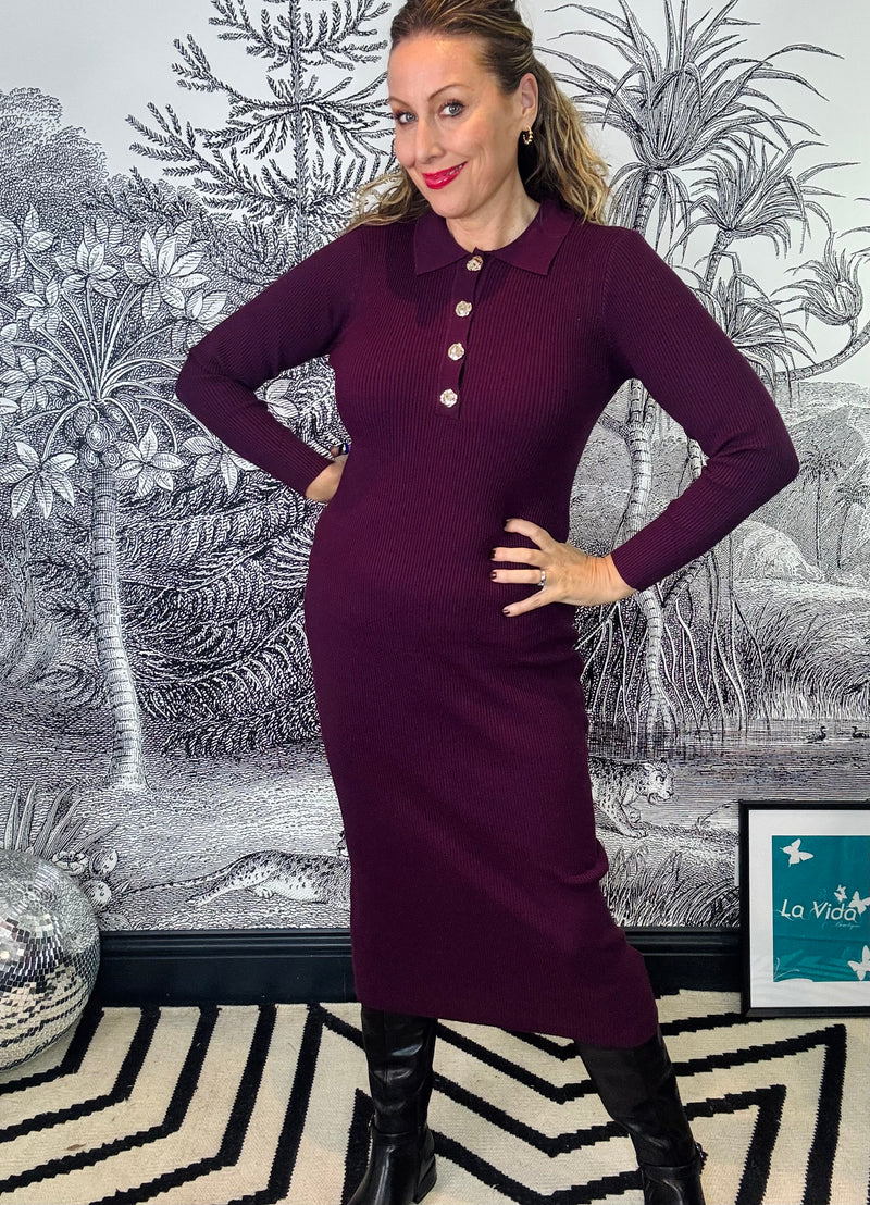 Nabolo Long Sleeve Knitted Dress in Plum