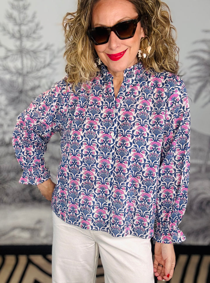 Olbia Long Sleeve Blouse Ruffle Trim Printed Pattern Blue/Neon Pink