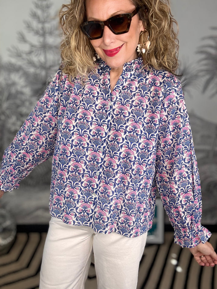 Olbia Long Sleeve Blouse Ruffle Trim Printed Pattern Blue/Neon Pink