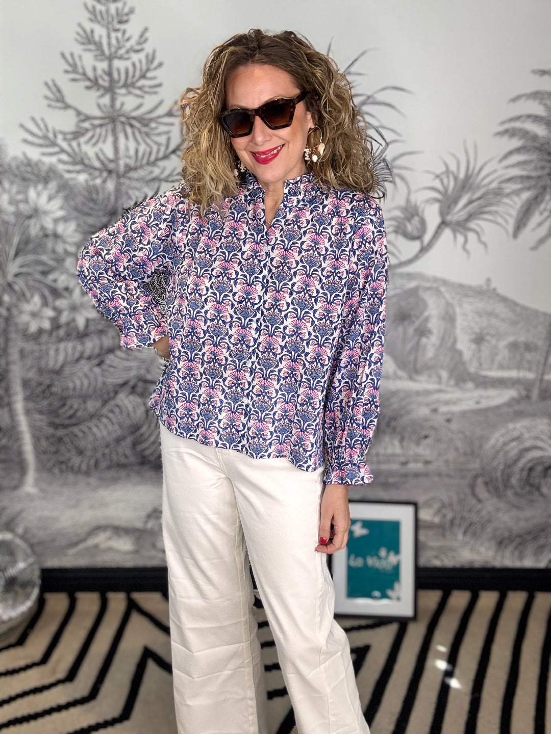 Olbia Long Sleeve Blouse Ruffle Trim Printed Pattern Blue/Neon Pink