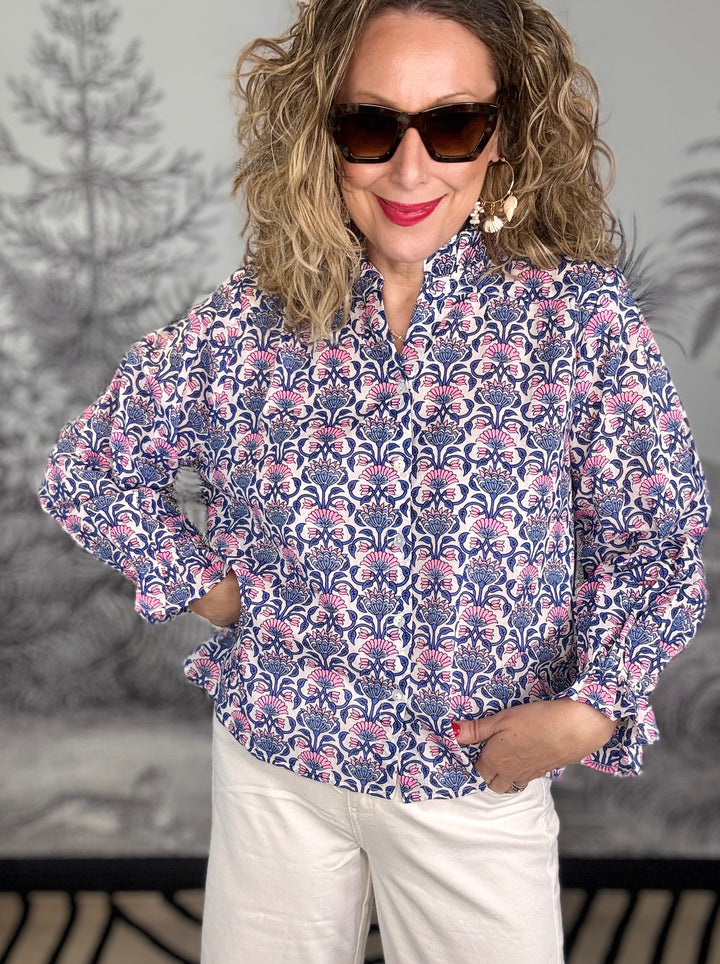 Olbia Long Sleeve Blouse Ruffle Trim Printed Pattern Blue/Neon Pink