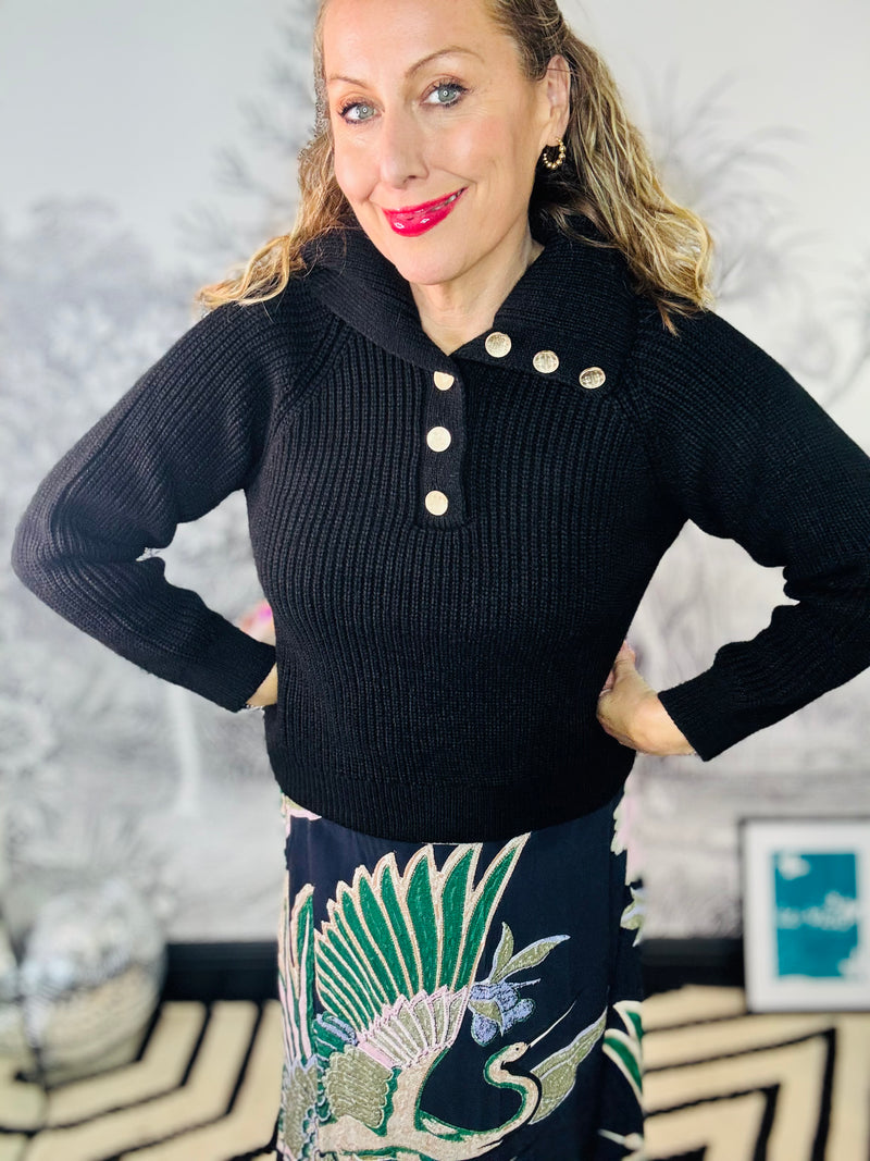 Venice Ribbed Jumper with Gold Buttons in Black