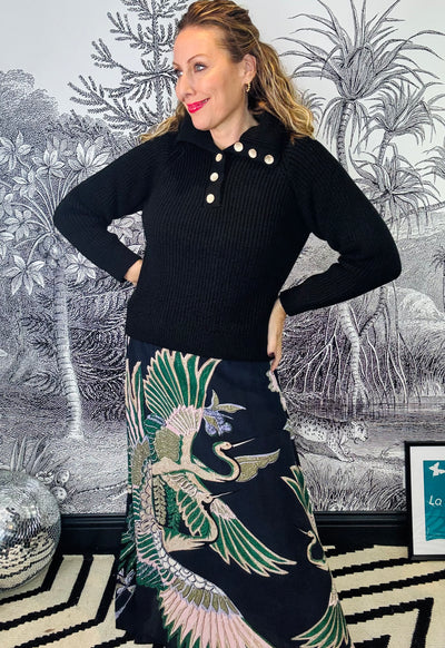Venice Ribbed Jumper with Gold Buttons in Black