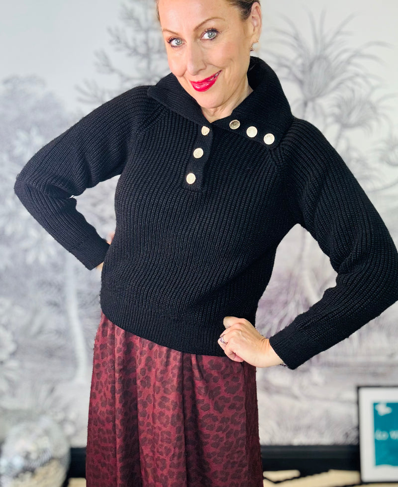 Venice Ribbed Jumper with Gold Buttons in Black