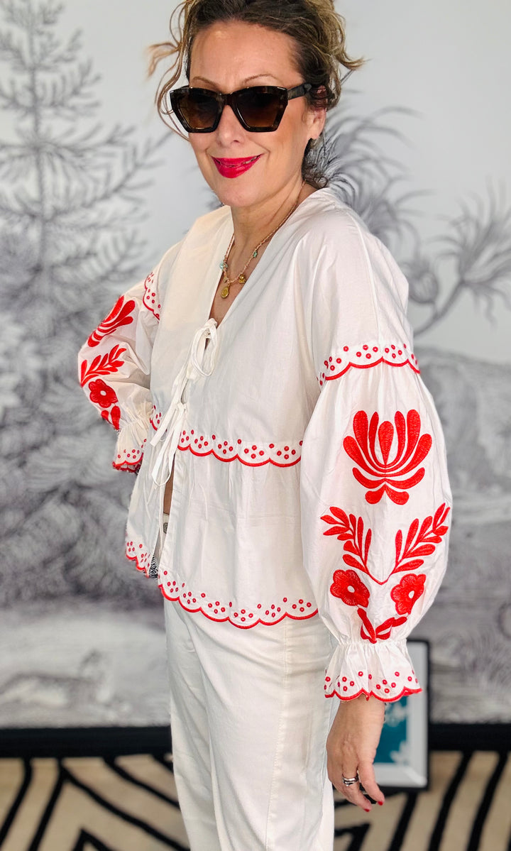 Valencia Red Embroidered Floral Front Tie Cotton Shirt in White