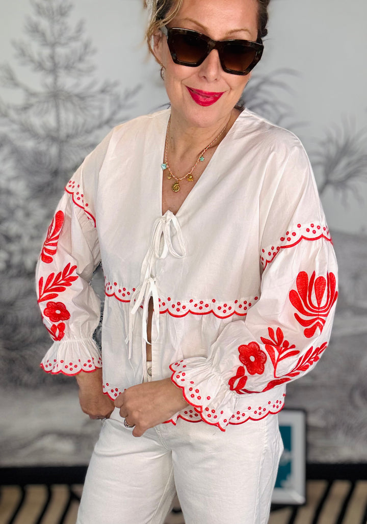 Valencia Red Embroidered Floral Front Tie Cotton Shirt in White