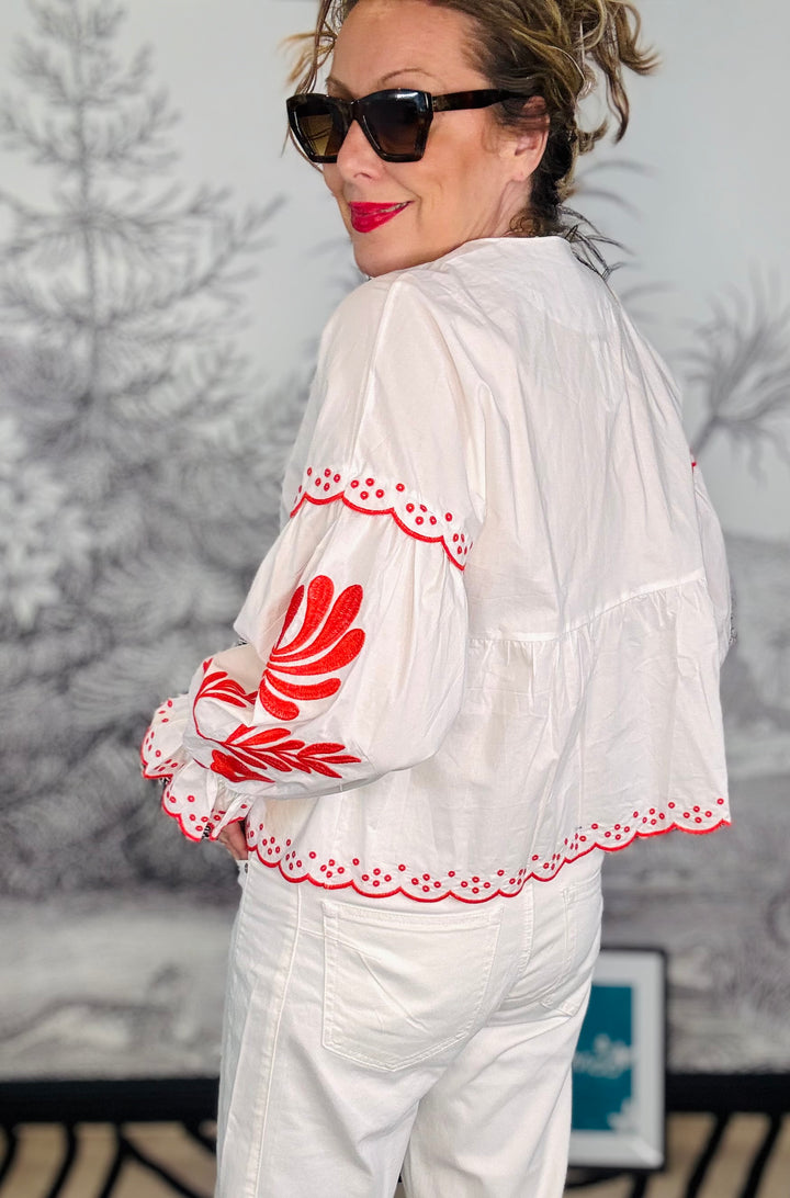 Valencia Red Embroidered Floral Front Tie Cotton Shirt in White