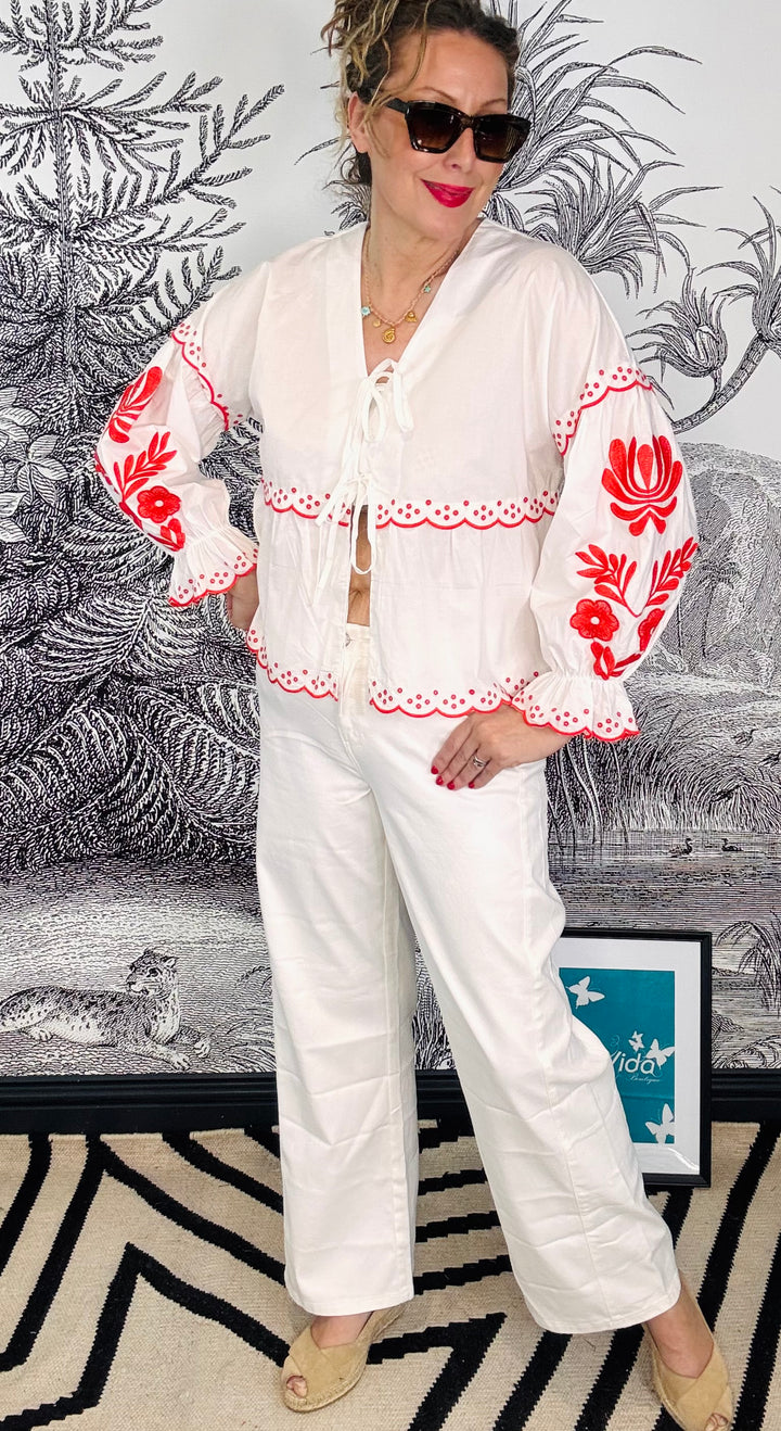 Valencia Red Embroidered Floral Front Tie Cotton Shirt in White