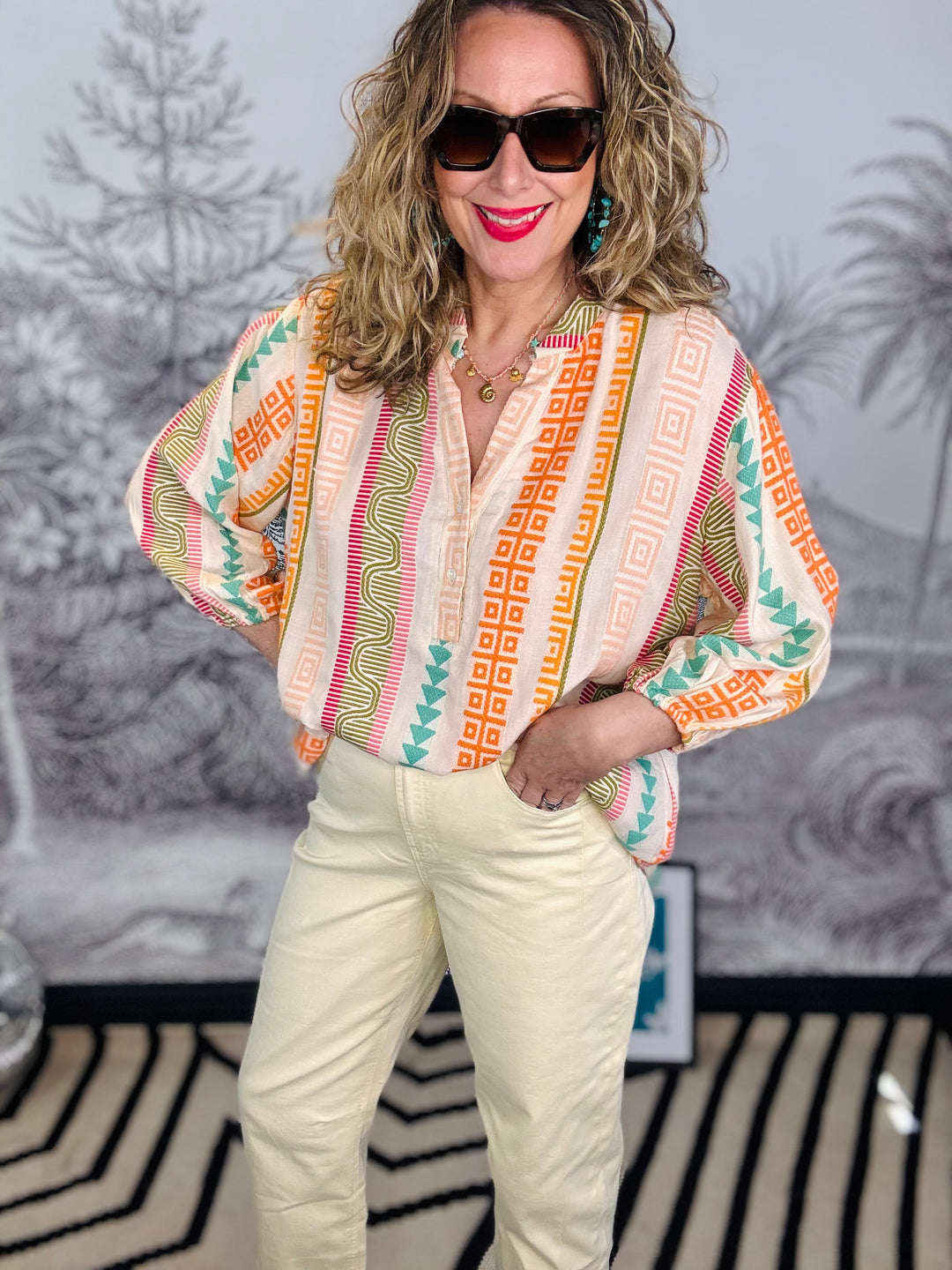 Kos Jacquard Blouse in Orange Multi Weave Print