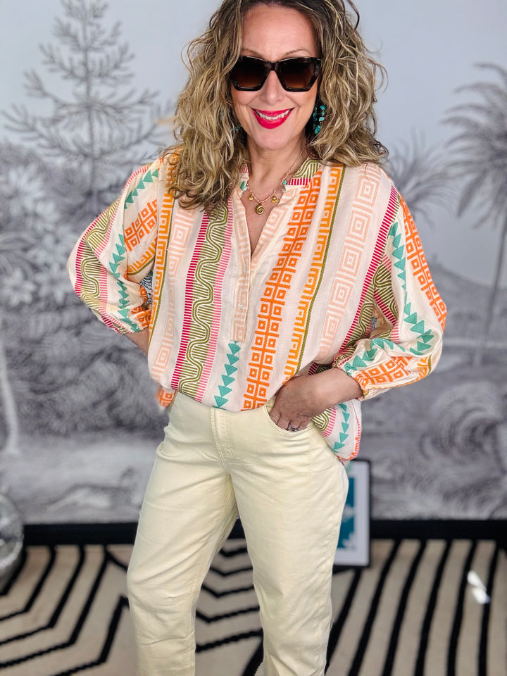 Kos Jacquard Blouse in Orange Multi Weave Print