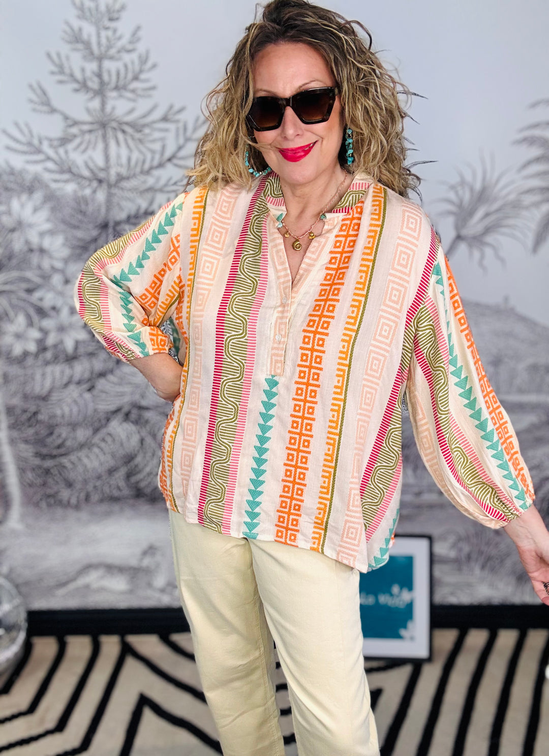 Kos Jacquard Blouse in Orange Multi Weave Print