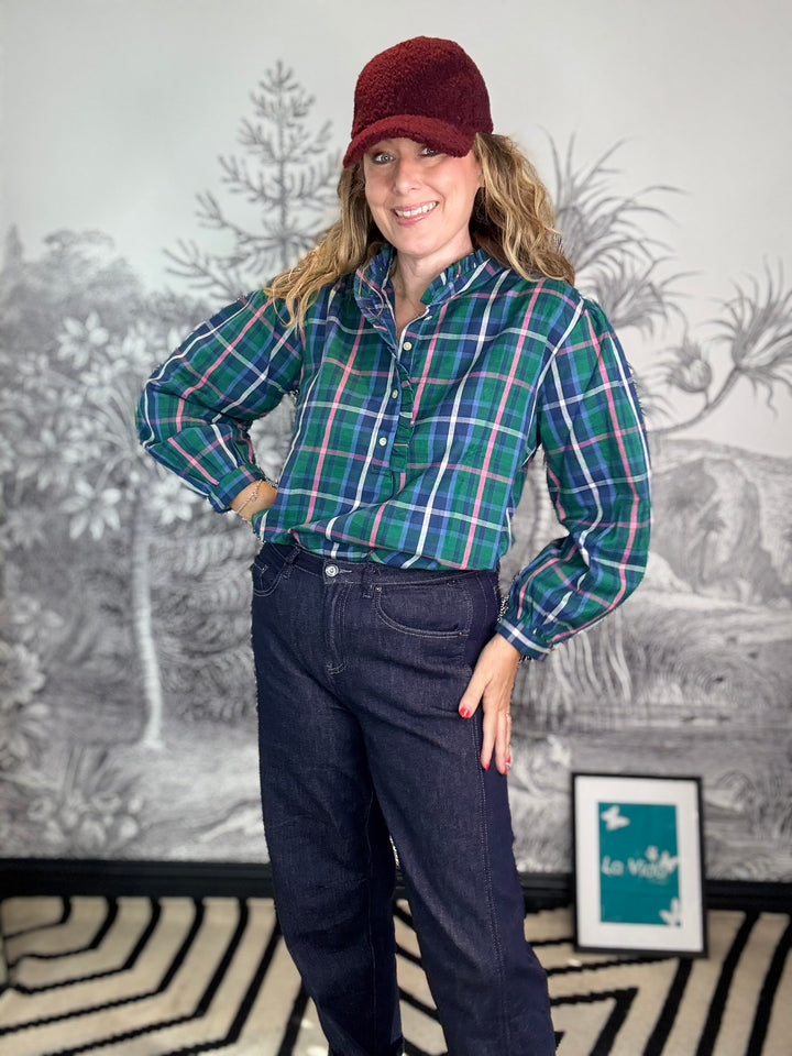 Beauly Cotton Blouse Green/Pink Plaid