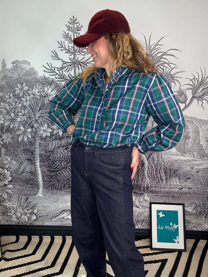 Beauly Cotton Blouse Green/Pink Plaid